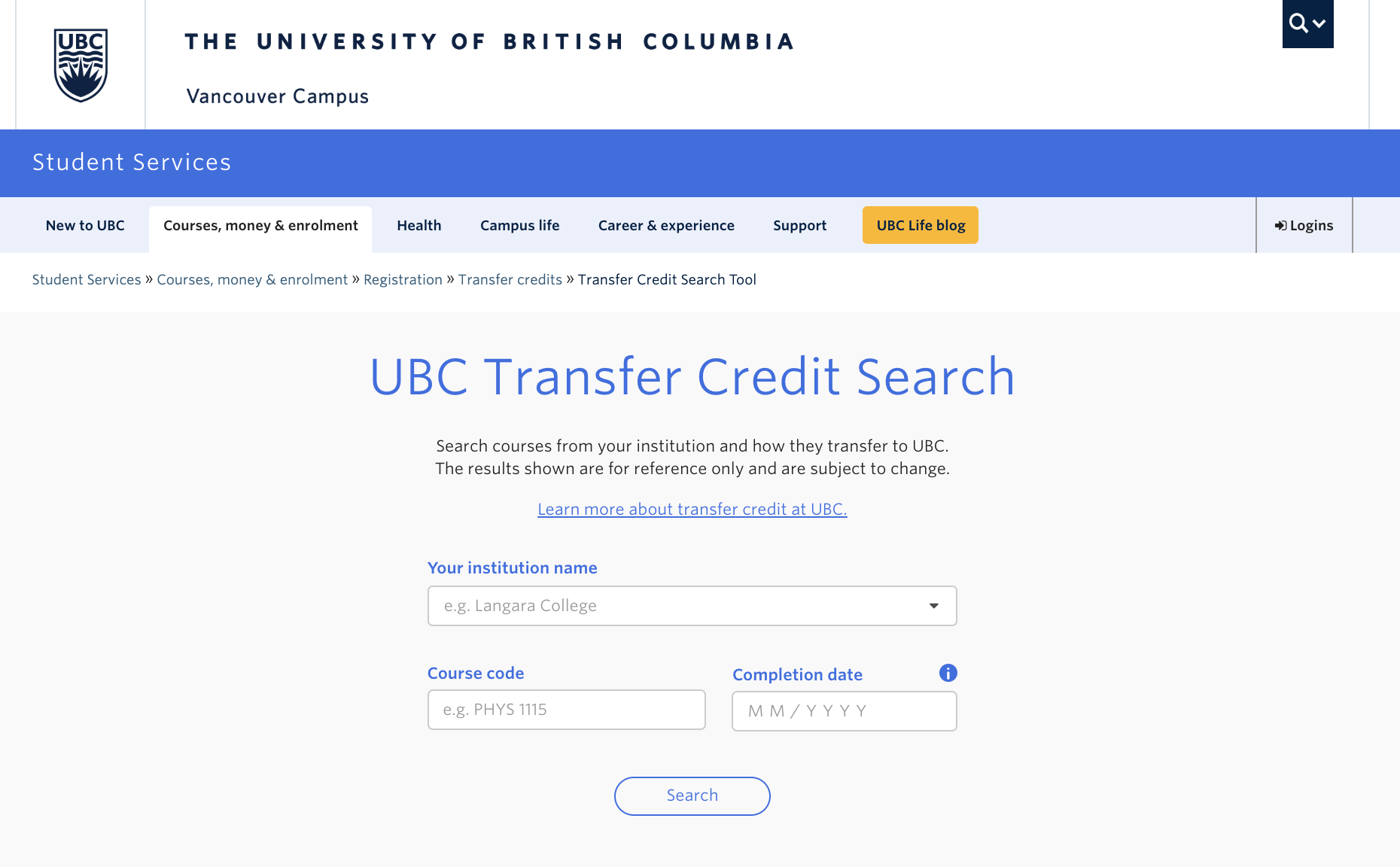Transfer credit search tool
